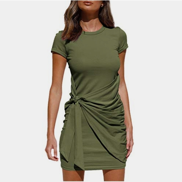 Lillusory Ruched Tee Shirt Tie Waist Dress Green XL - Picture 2 of 14